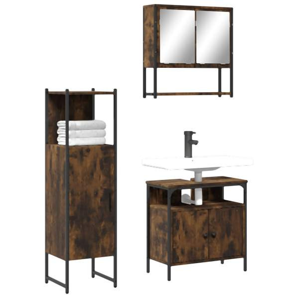 vidaXL 3-tlg. Badmöbel-Set Räuchereiche Holzwerkstoff, 3214697