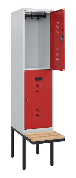 C+P Doppelstock-Spind Evolo PLUS, Bank, 2 Fächer, 1950x400x815mm, 7035/3000, Zylinderschloss, Sitzfläche Buche-Hartholz, 0493405-12 S10024