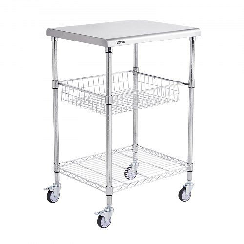 VEVOR Edelstahl Küchenwagen, 3 Ebenen mit 213,2 kg Kapazität, mit Vertiefter Korb & 6 Haken, LLCFTCCB20X24IGJ4V0