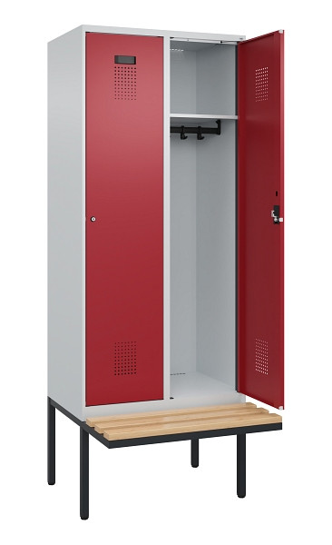 C+P Spind Evolo PLUS, 2 Abteile, 2120x800x815mm, 7035/3003, Haken 4, Zylinderschloss, Sitzfläche Holz, 0490407-22 S10031