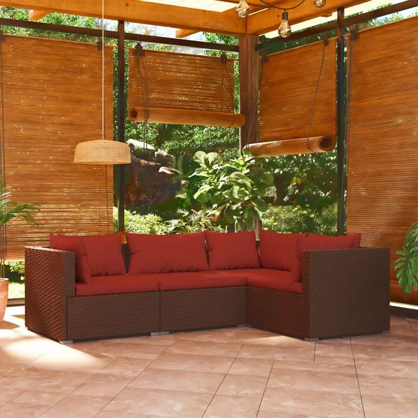 vidaXL 4-teilig Garten-Lounge-Set mit Auflagen Poly Rattan Braun, 3101675