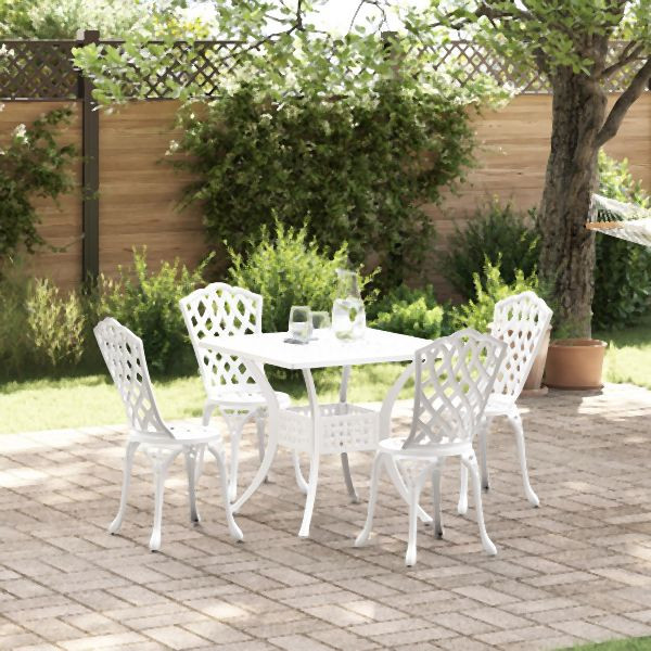 vidaXL 5-teiliges Garten-Esszimmer-Set aus weißem Gusseisen, 3334754