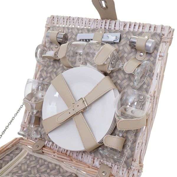 Mendler Picknickkorb-Set für 4 Personen, Picknicktasche + Kühlfach, Porzellan Glas Edelstahl, beige, 51416