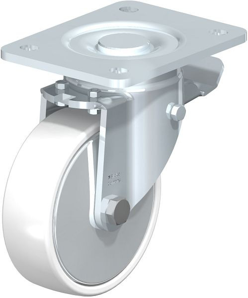 Blickle LH-PO 125K-3-ST-FA Stahlblech-Lenkrolle, Schwerlast-Ausführung, mit Anschraubplatte & Feststeller, Polyamid, Weiß, 747716