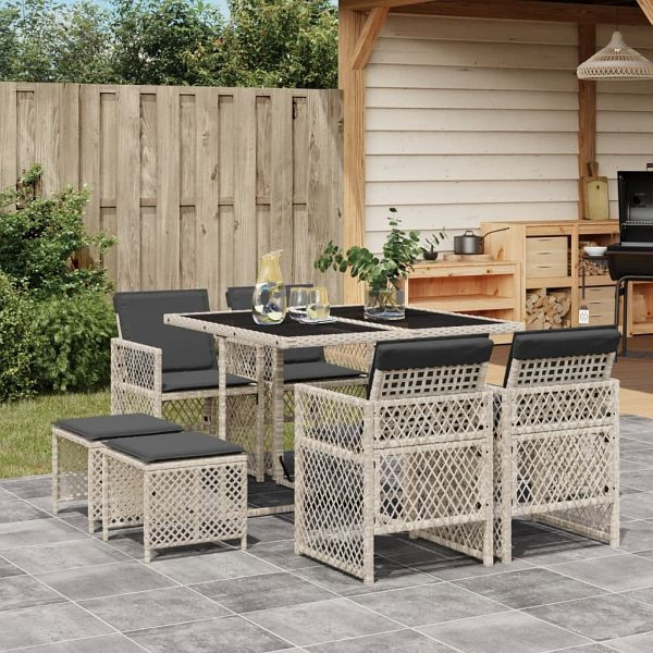 vidaXL 9-tlg. Garten-Essgruppe mit Kissen Hellgrau Poly Rattan, 3210779