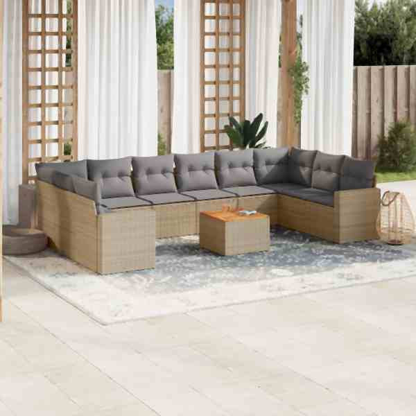 vidaXL 11-tlg. Garten-Sofagarnitur mit Kissen Beige Poly Rattan, UV-beständig, 3224295