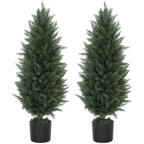 HOMCOM 2er-Set Künstliche Zypressen, Kunstbäume mit 831 Blättern, mit Zementtopf, UV-beständig, Kunstpflanze, 90 cm, Grün, 83C-008V00GN