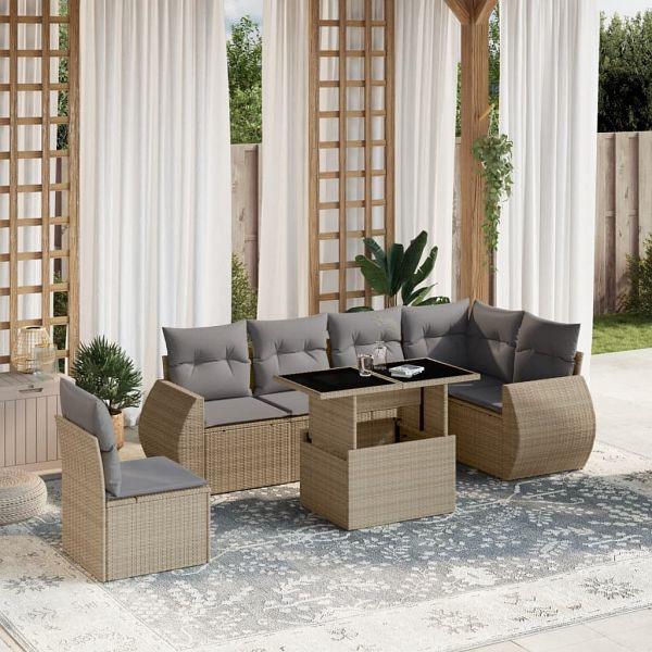 vidaXL 7-tlg. Garten-Sofagarnitur mit Kissen Beige Poly Rattan, 3268569