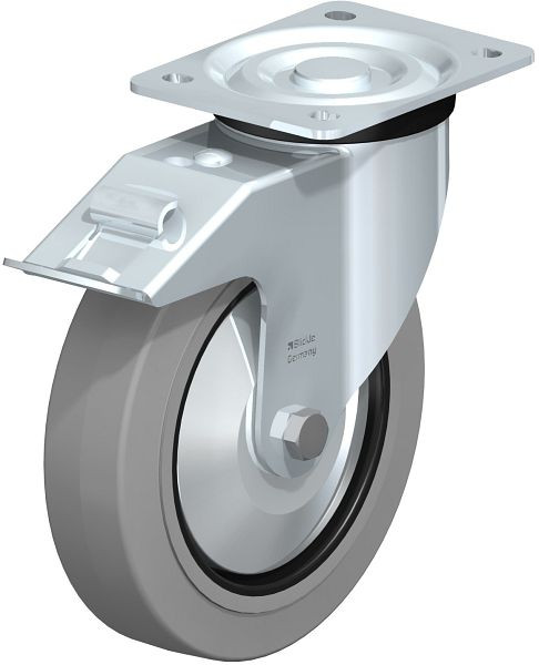 Blickle L-POEV 200R-FI-SG-FA Stahlblech-Lenkrolle, mittelschwere Ausführung, mit Anschraubplatte & Feststeller, Elastik-Vollgummi, Grau, 421792