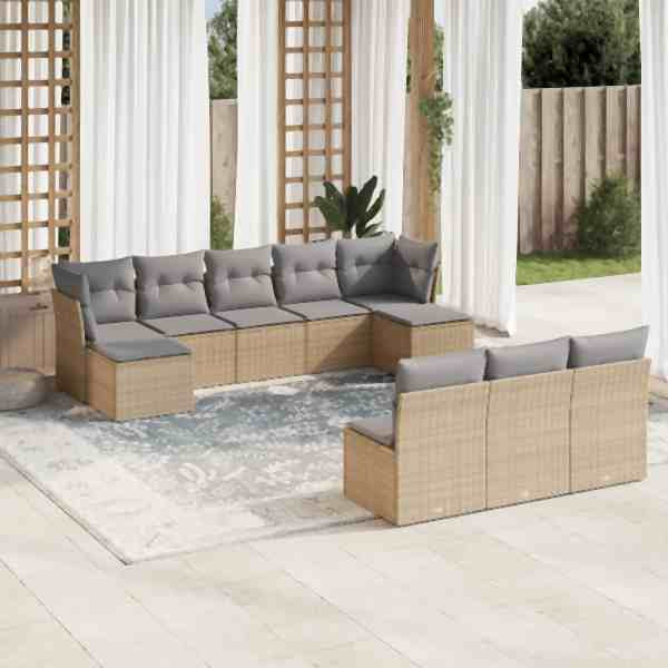 vidaXL 10-tlg. Garten-Sofagarnitur mit Kissen Beige Poly Rattan, UV-beständig, 3250128