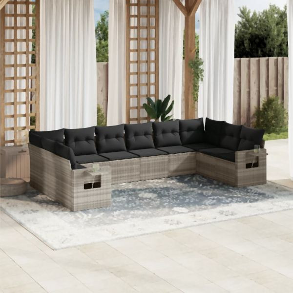 vidaXL 10-tlg. Garten-Sofagarnitur mit Kissen Hellgrau Poly Rattan, 3253009