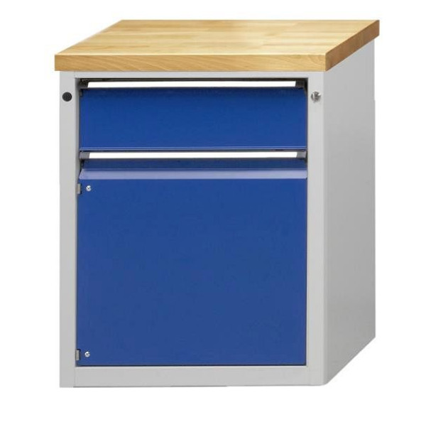 ANKE Werkbänke Beistellschrank; 660 x 615 x 850 mm; RAL 7035/5010; Wanne mit Antirutschmatte; 1 Schublade 180 mm; 1 Tür 540 mm, 600.008