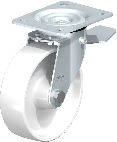 Blickle LE-PO 160R-ST Stahlblech-Lenkrolle mit Anschraubplatte & Feststeller, Polyamid, Weiß, 641985