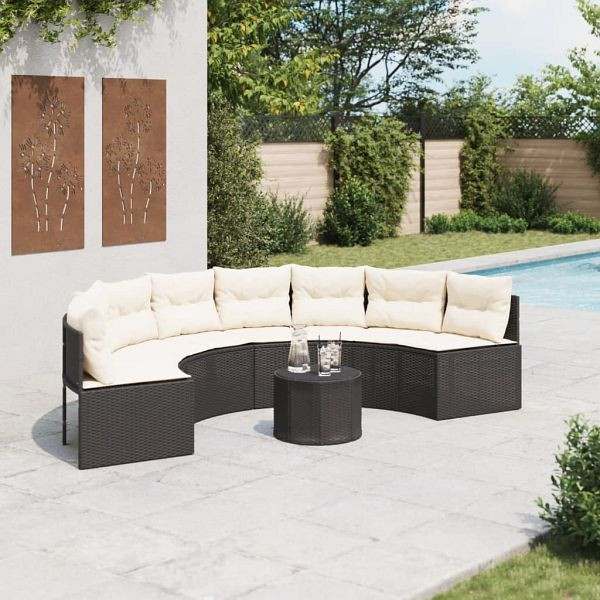 vidaXL Gartensofa mit Tisch und Kissen Halbrund Schwarz Poly-Rattan, 3318526