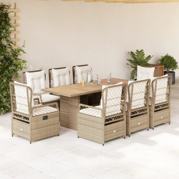 vidaXL 9-tlg. Garten-Essgruppe mit Kissen Beige Poly Rattan, 3262939