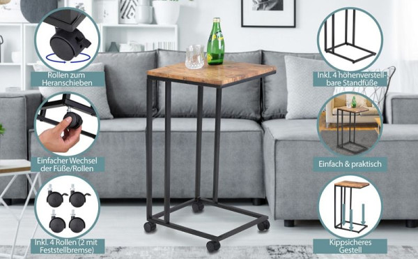 casaria Beistelltisch Schwarz 50x35x65/70cm mit Rollen, 108649