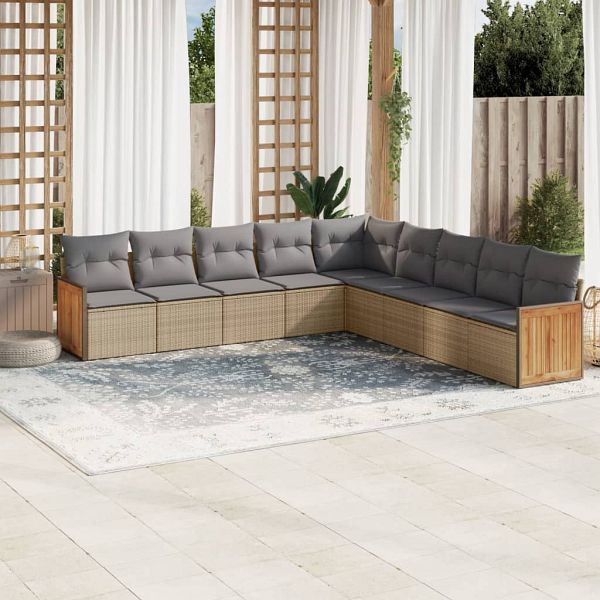 vidaXL 9-teilig Garten-Sofagarnitur mit Kissen Beige Poly Rattan, 3260141