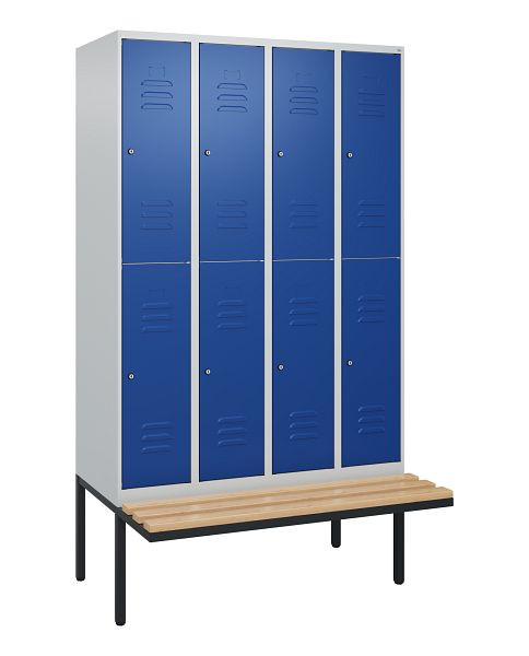C+P Doppelstöckiger Spind Classic PLUS, 4 Abteile, 2120x1200x815mm, 7035/5010, Zylinderschlösser, Buche-Sitzleisten, Sitzfläche, 0803407-40 S10093