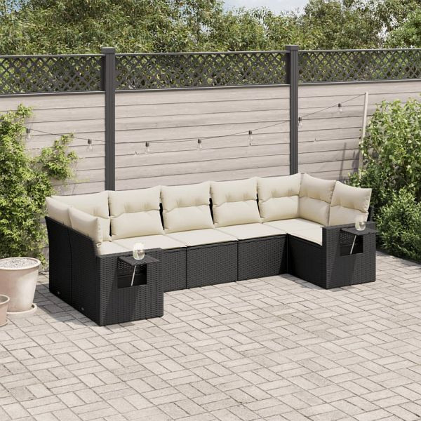 vidaXL 7-teilig Garten-Sofagarnitur mit Kissen Schwarz Poly Rattan, 3252923