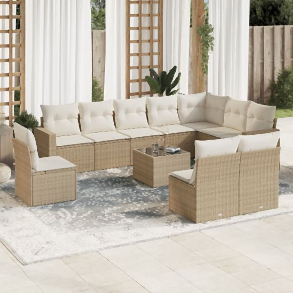 vidaXL 11-tlg. Garten-Sofagarnitur mit Kissen Beige Poly Rattan, 3219108