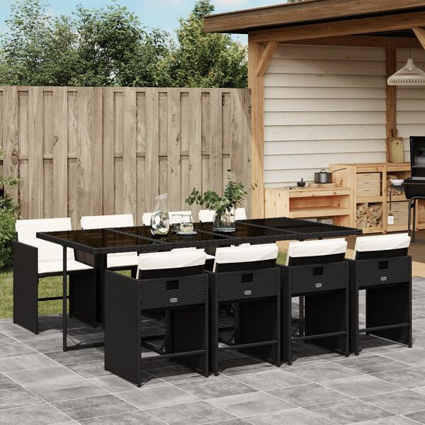 vidaXL 9-tlg. Garten-Essgruppe mit Kissen Schwarz Poly Rattan, 3211098