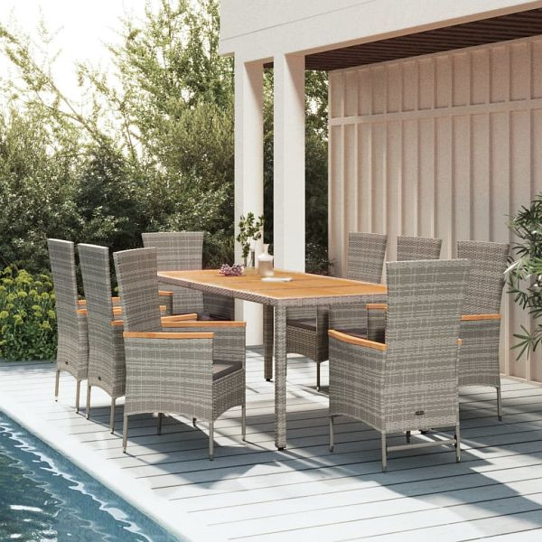 vidaXL 9-teilig Garten-Essgruppe mit Kissen Grau Poly Rattan, 3157544