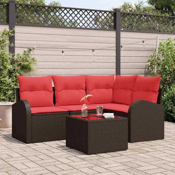 vidaXL Gartensofa-set mit Kissen 5-teilig Braun und Rot Poly-Rattan, 3354703
