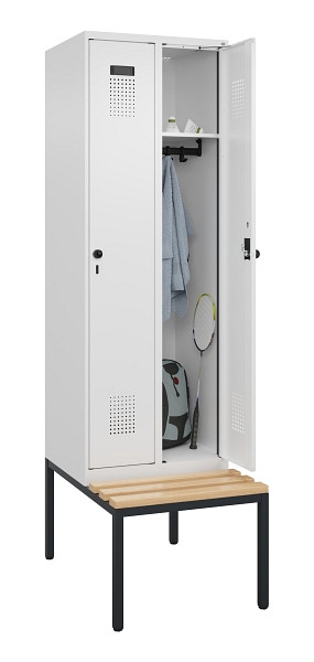 C+P Spind Evolo PLUS, 2 Abteil, 2120x600x815mm, 9016/9016, Drehriegel, Sitzfläche Buche-Hartholz, Sitzbank, 0490507-20 S10020