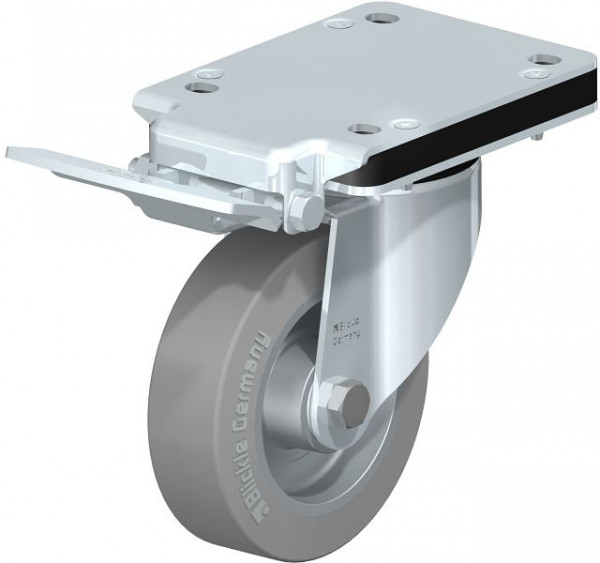 Blickle LK-ALEV 125K-3-IS-SG Stahlblech-Lenkrolle, schwere Ausführung, mit Anschraubplatte & Feststeller, Elastik-Vollgummi, Grau, 762145