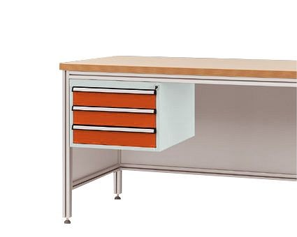 Manuflex Gehäuse-Unterbau für ALU-Arbeitstische, Nutzhöhe 300 mm mit 3 Schubfächern, für Tischtiefe 600 mm, Rotorange, ZB4625.2001