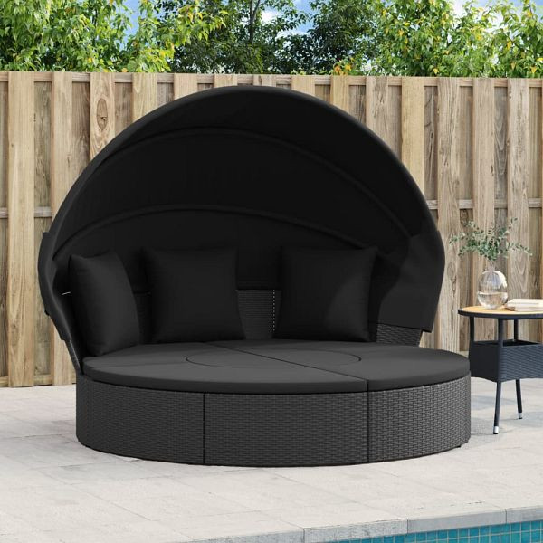vidaXL Outdoor-Loungebett mit Dach und Kissen Schwarz Poly Rattan, 362255