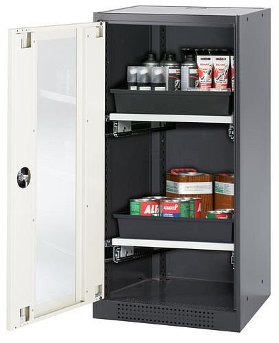 asecos Chemikalienschrank Systema-T CS-52LG, Korpus anthrazit, Flügeltüren weiß, 2 Tablarauszüge, 208676