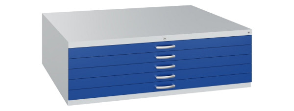 C+P Flachablageschrank Serie 7100_7200, H420xB1350xT960mm, 7035/5010, 5 Schubladenblenden doppelwandig, 7200-000 S10330