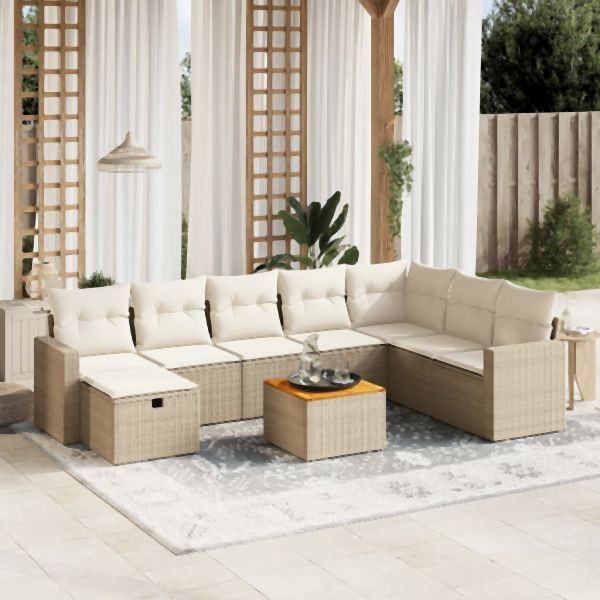 vidaXL 9-tlg. Garten-Sofagarnitur mit Kissen Beige Poly Rattan, 3264873