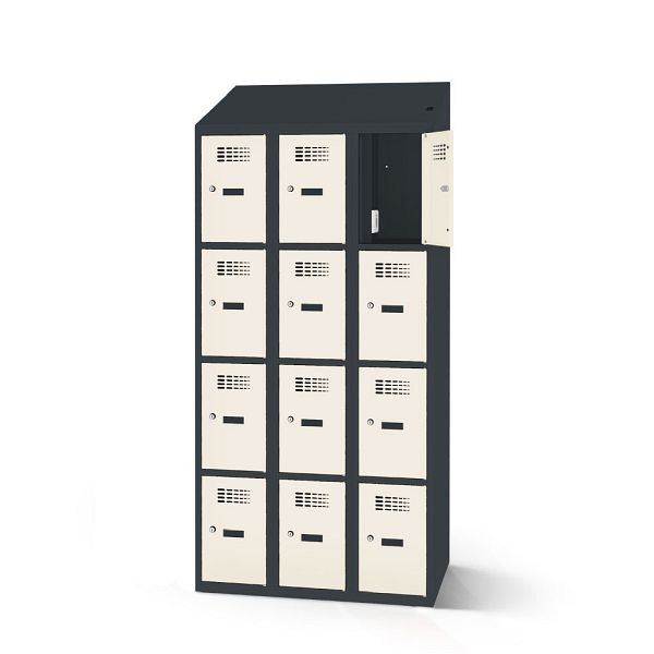 Rotstahl Fächerschrank, 12 Fächer, Stollenfüße, mit Ladefunktion, Schrägdach, Korpus: anthrazitgrau, Türen: reinweiß, 2180-030400-0902112-7016-9010