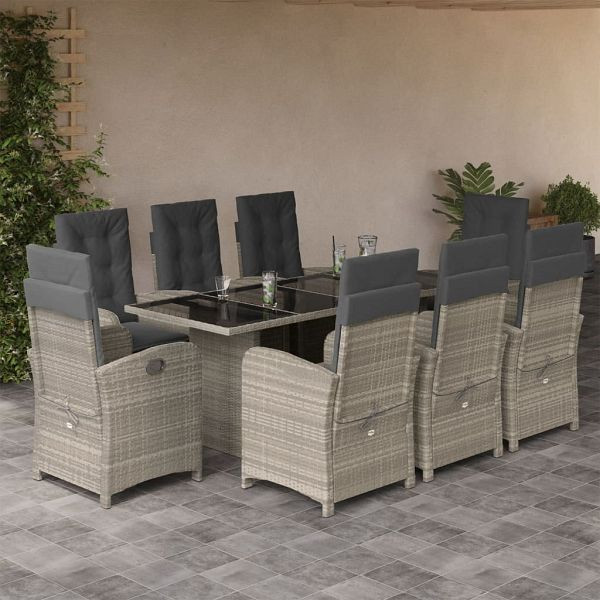 vidaXL 9-teilig Garten-Essgruppe mit Kissen Hellgrau Poly Rattan, 3212268