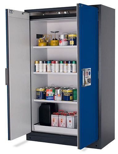 asecos Feuerbeständiger Gefahrstoffschrank Select W-123, 3 Einlegeböden, Türen blau, 200991