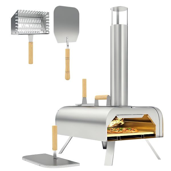 Outsunny Outdoor-Pizzaofen, Tragbarer Pizza-Ofen mit Pizzastein und Schaufel, klappbare Beine, Schornstein, Edelstahl, 846-198V00SR
