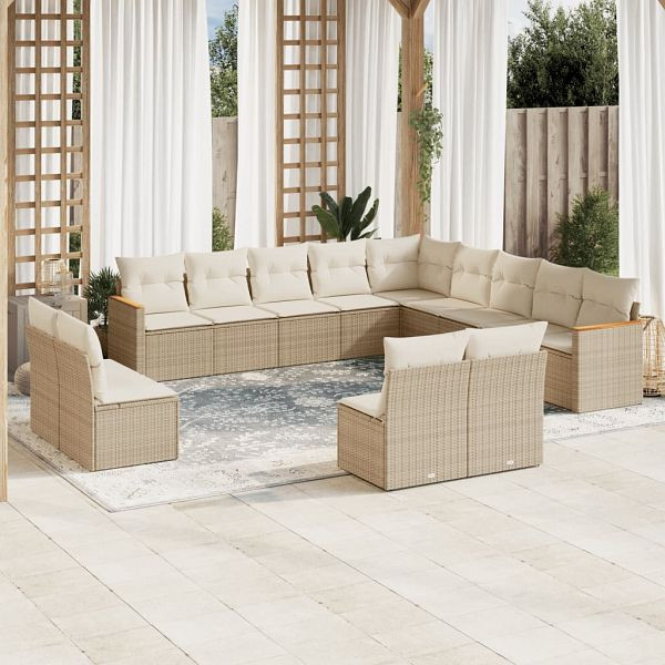 vidaXL 13-teilig Garten-Sofagarnitur mit Kissen Beige Poly Rattan, 3226485
