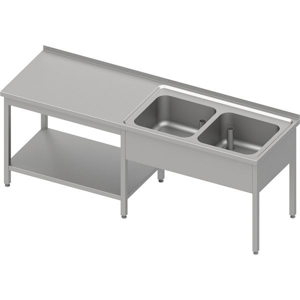 Stalgast Cheftisch mit Grundboden unter der Arbeitsfläche, mit zwei Becken rechts 2200x600x850 mm, mit Aufkantung, verschweißt, VST22626RA