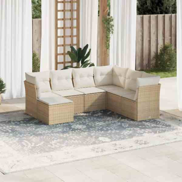 vidaXL 7-tlg. Garten-Sofagarnitur mit Kissen Beige Poly Rattan, UV-beständig, 3249827