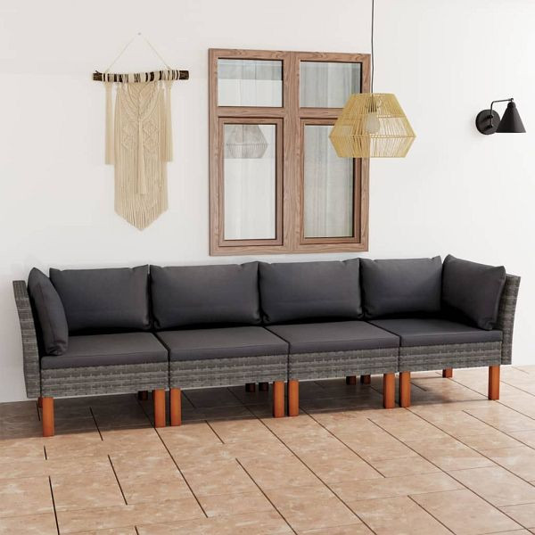 vidaXL 4-Sitzer-Gartensofa mit Kissen Grau Poly Rattan, 3059708