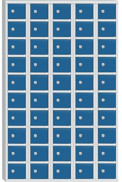 Deskin Wertfachschrank mit 50 Fächern, Korpus Lichtgrau RAL7035, Türen Lichtblau RAL 5012, H 1530 x B 975 x T 200 mm, Zylinderschloss, 358075