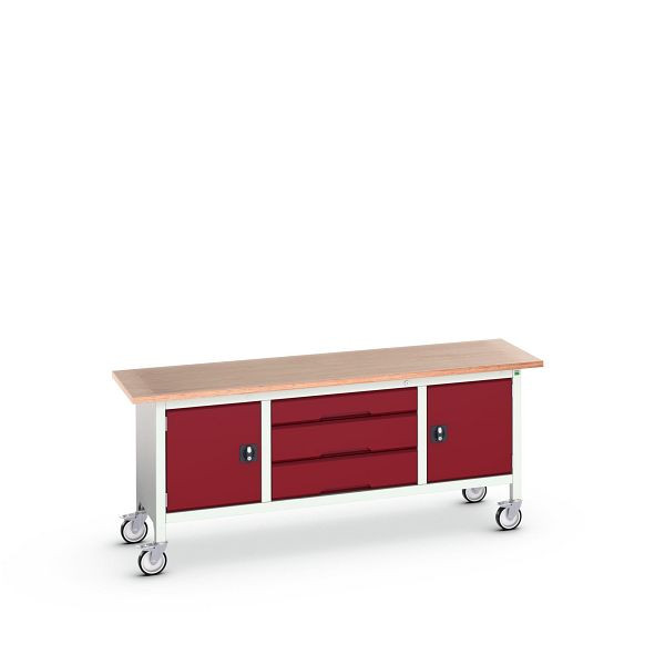 bott verso mobile Kastenwerkbank (Multiplex) mit 3 Schubladen und 2 Türen, BxTxH: 2000 x 600 x 830 mm, Lichtgrau / Purpurrot, 16923232.24
