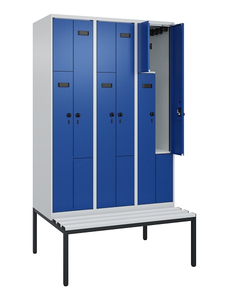 C+P Z-Spind Evolo PLUS, Bank, 6 Fächer, 2120x1200x815mm, 7035/5010, Drehriegel, Sitzfläche Kunststoff, Sitzbank, 0490537-326 S10060