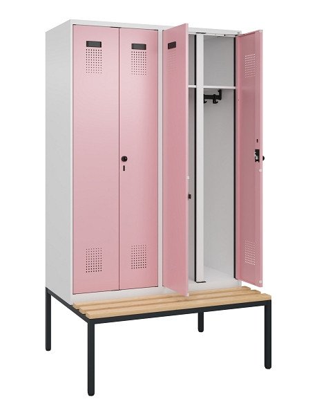 C+P Schwarz-Weiß-Spind Evolo PLUS, Bank, 4 Abteile, 2120x1200x815mm, 9016/3015, Drehriegel, Sitzfläche Buche-Hartholz, Sitzbank, 0490527-40 S10018