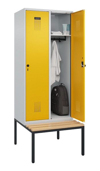 C+P Spind Evolo PLUS, 2 Abteile, 2120x800x815mm, 7035/1004, Haken 4, Drehriegel, Sitzfläche Buche-Hartholz, Sitzbank, 0490507-22 S10000