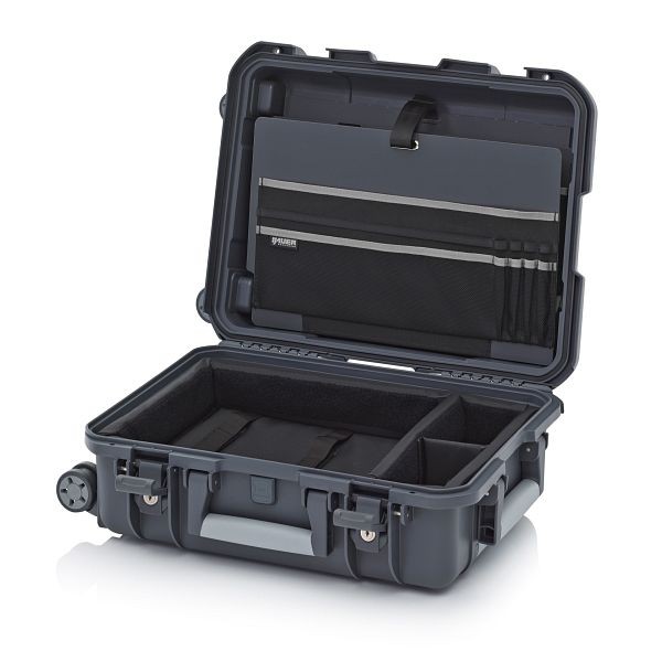 Auer Schutzkoffer Pro Trolley, Anthrazitgrau, mit 2 gleichschließenden Schlössern, Laptopeinsatz 15" mit Deckeltafel Band grau, CP S 5422 B2-7016