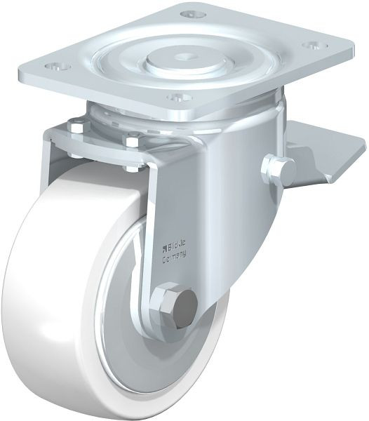 Blickle LH-SPO 127K-ST-FA Stahlblech-Lenkrolle, Schwerlast-Ausführung, mit Anschraubplatte & Feststeller, Polyamid, Weiß, 750179