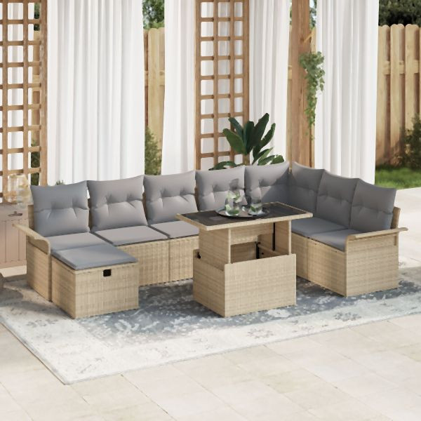 vidaXL 9-teiliges Garten-Sofa-Set mit Kissen Beige Poly Rattan, 3359697